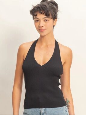 NEW Double Zero Black Ribbed Halter Tank Top Fitted Stretch Minimal Size Large